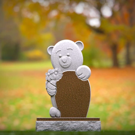 1449 - Adorable Teddy Bear Memorial Headstone Holding Flowers - 1