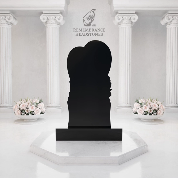 Premium Upright Granite Headstone — Sculpted Double-Heart on Draped Pedestal