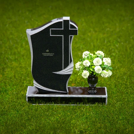 1302 - Traditional Granite Headstone with Cross Design and Flower Vase