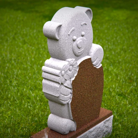 1449 - Adorable Teddy Bear Memorial Headstone Holding Flowers - 6