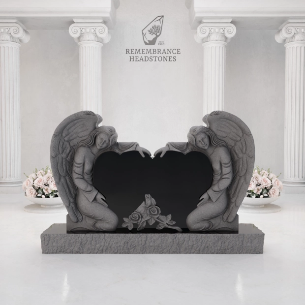 Luxury Twin Guardian Angel Heart Companion Granite Headstone
