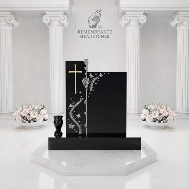 Luxury Upright Headstone with Cross, Rose Column & Heart Motif