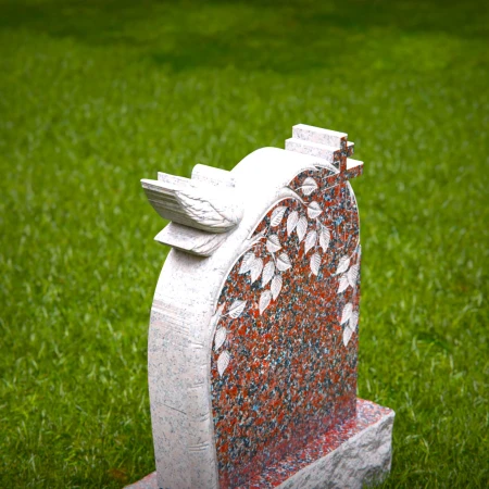 1548 - Red Granite Headstone with Dove, Cross, and Leaf Engraving - 8