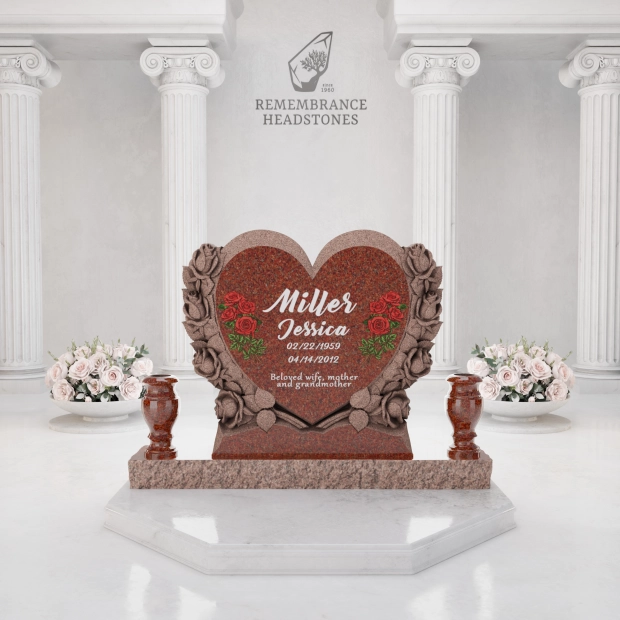 Luxury Heart-Shaped Granite Monument — Carved Rose Garland