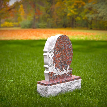 1550 - Oval Red Granite Headstone with Floral Engraving - 4