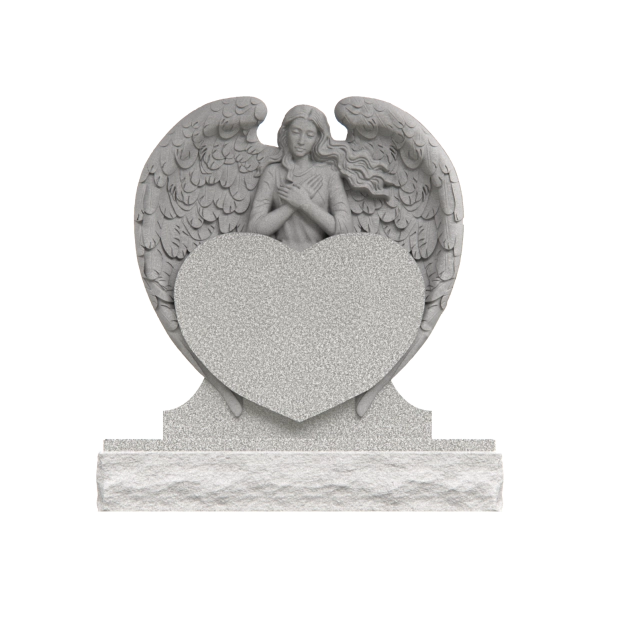 1201104 - Lápida de granito de doble corazón con ángel y rosas