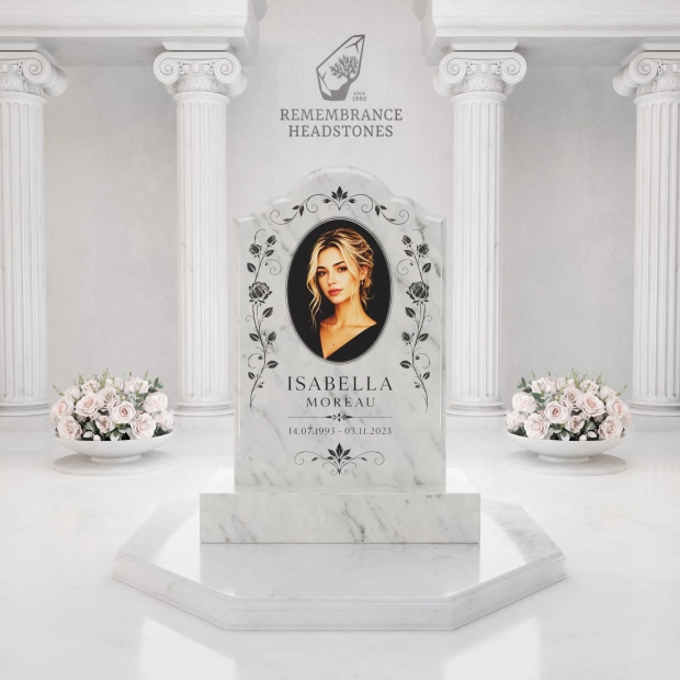 Luxury Floral Portrait Granite Headstone with Ceramic Photo