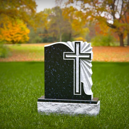 1477 - Black Granite Headstone with Engraved Cross & Radiant Design