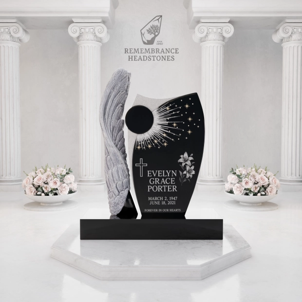 Luxury Upright Monument With Angel Wing, Swarovski Crystals, and Starburst Design