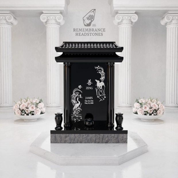 Luxury Asian Pavilion Granite Memorial with Crane Engravings