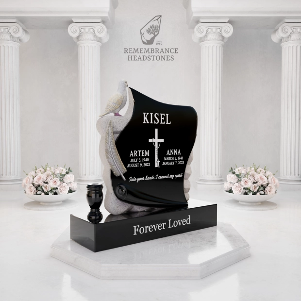 Luxury Upright Granite Monument — Sculpted Scroll with Dove, Cross & Lilies