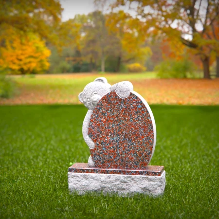 1455 - Teddy Bear Child Memorial Headstone in Red Granite