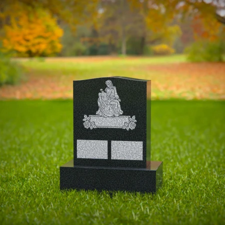 1566 - Black Granite Headstone with Religious Mother and Child Engraving