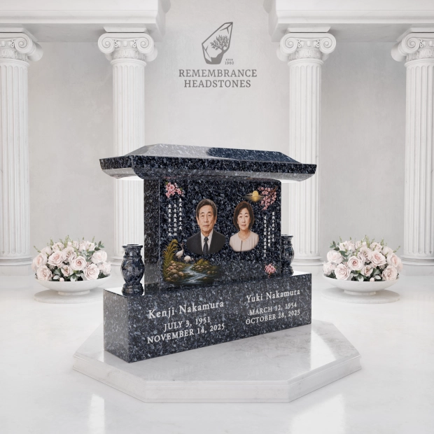 Luxury Japanese Roof Companion Granite Memorial with Portrait Panel