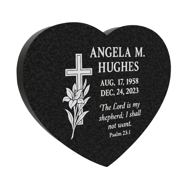 Luxury Heart-Shaped Flat Granite Headstone with Cross & Lily Etching