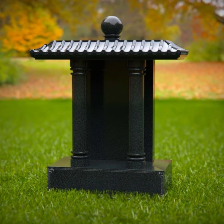 1574 - Traditional Asian-Inspired Black Granite Memorial with Pagoda Roof