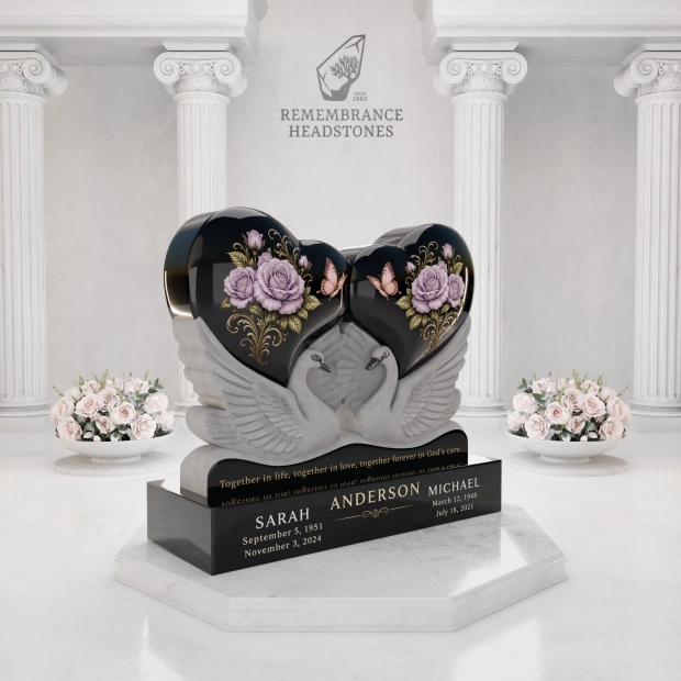 Luxury Double Heart Memorial with Eternal Swans