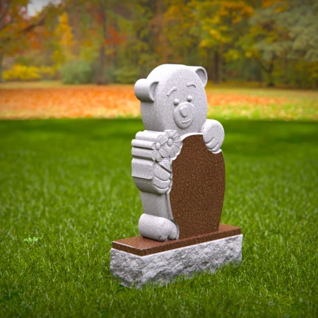 1449 - Adorable Teddy Bear Memorial Headstone Holding Flowers - 5