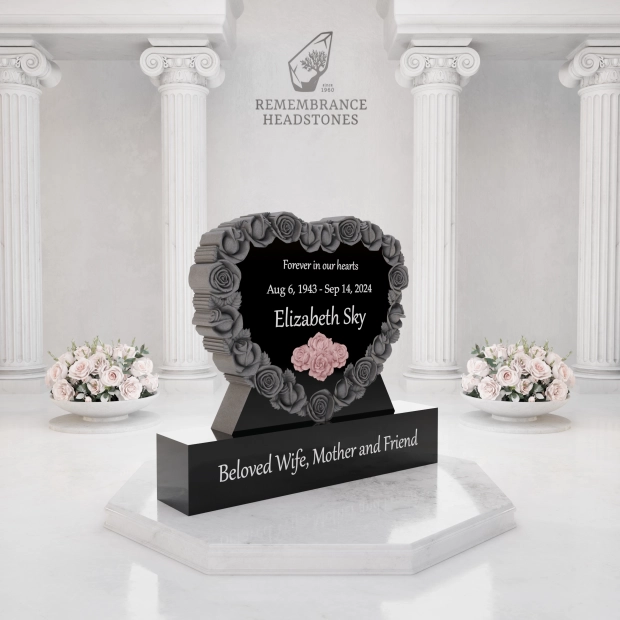 Luxury Heart-Shaped Granite Headstone — Rose Wreath & Butterfly
