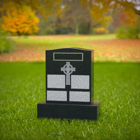 1565 - Black Granite Headstone with Celtic Cross and Engraved Panels