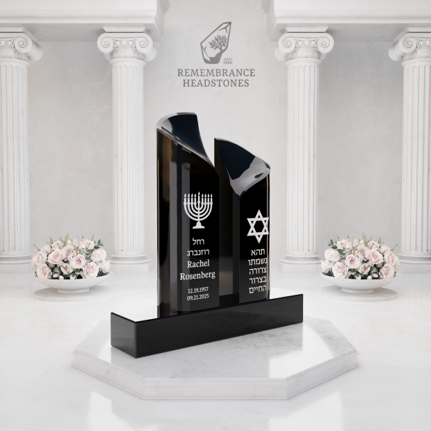  Luxury Companion Granite Headstone — Twin Steles with Menorah & Star of David