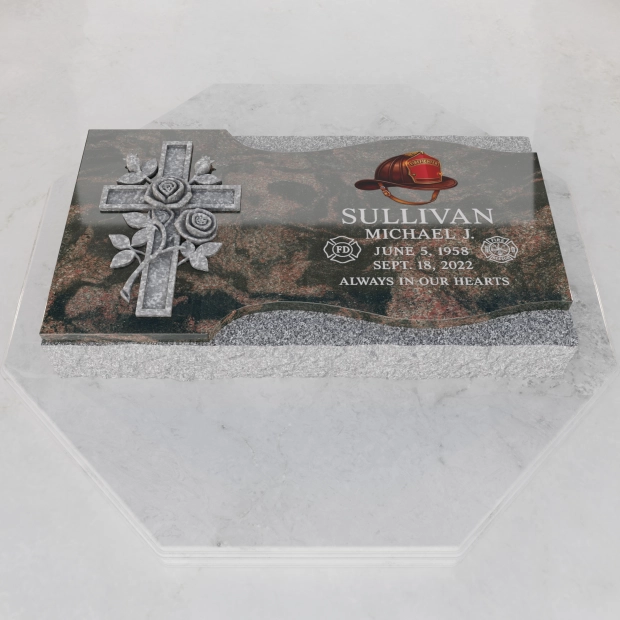 Luxury Firefighter Cross Flat Granite Grave Marker with Roses