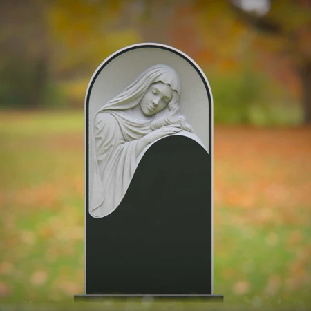 headstone, tombstone, bronze grave markers, grave ornaments, polished black granite headstone with engraved Jesus Christ figure, elegant black granite memorial stone featuring a religious depiction.