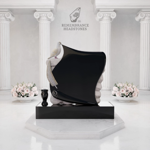 Luxury Upright Granite Monument — Sculpted Scroll with Dove, Cross & Lilies