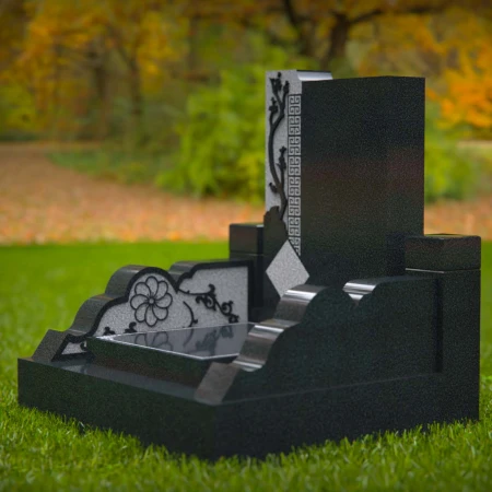 1563 - Modern Black Granite Headstone with Asian-Inspired Engraving - 2