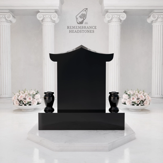 Lux Pagoda-Top Upright Granite Headstone with Phoenix & Lotus          