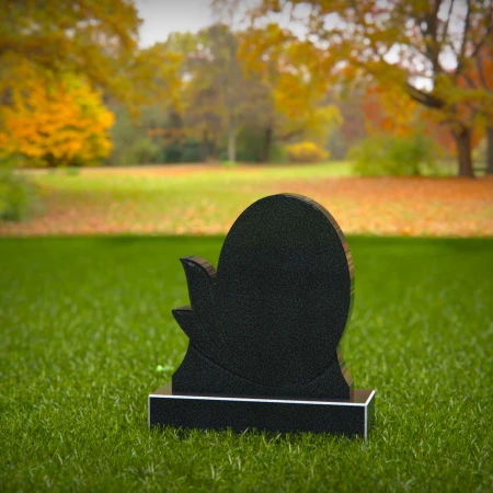 1487 - Black Granite Oval Memorial Headstone with Artistic Leaf Design