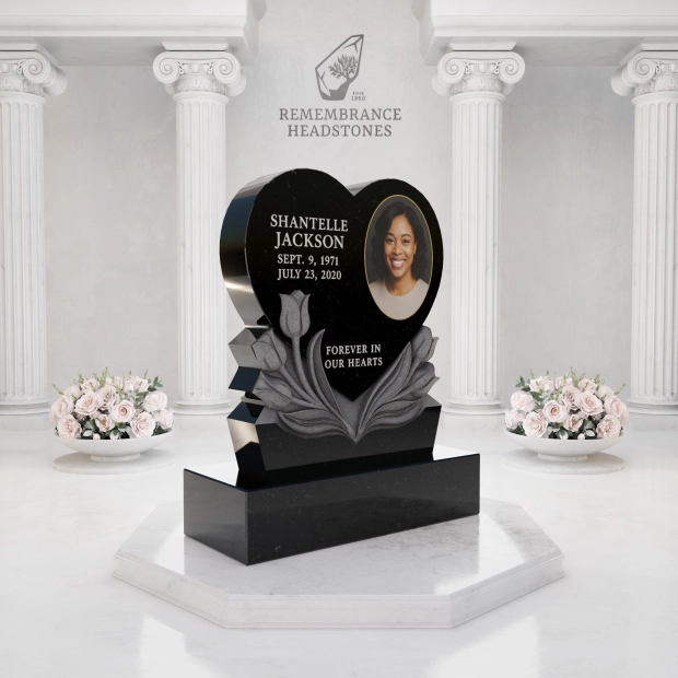 Premium Heart Shape Memorial with Sculpted Tulips & Portrait Medallion