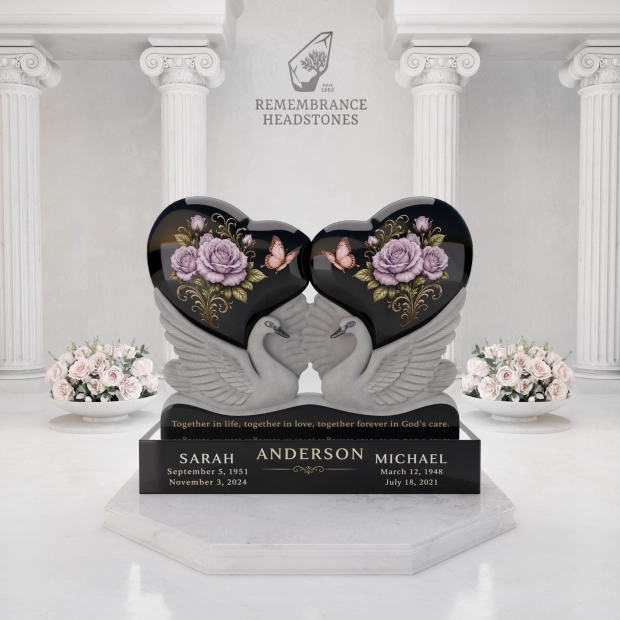 Luxury Double Heart Memorial with Eternal Swans