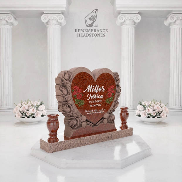 Luxury Heart-Shaped Granite Monument — Carved Rose Garland