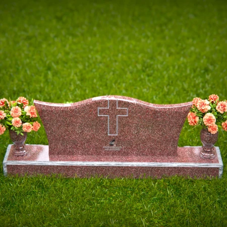 1298 - Waved Granite Headstone with Cross Design and Dual Flower Vases