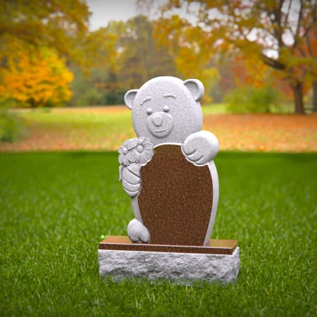 1449 - Adorable Teddy Bear Memorial Headstone Holding Flowers