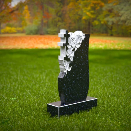 1543 - Elegant Black Granite Headstone with Floral and Cross Engraving - 7