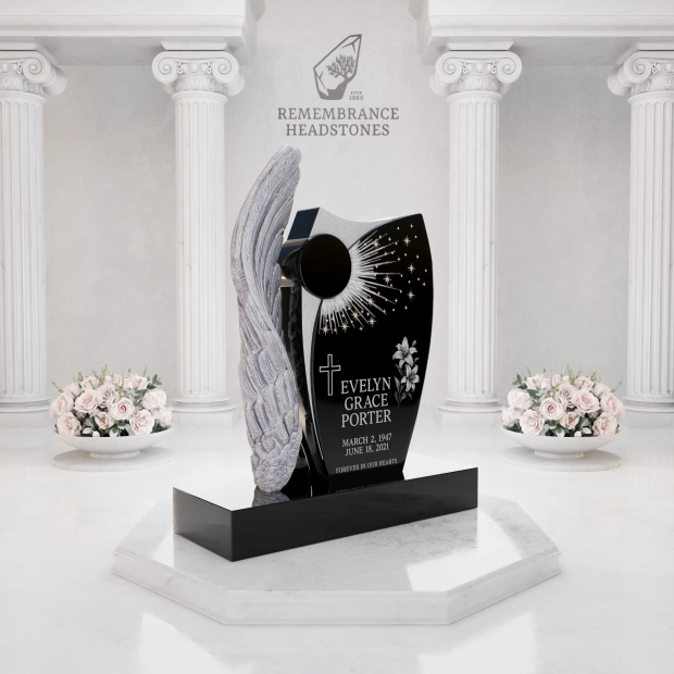 Luxury Upright Monument With Angel Wing, Swarovski Crystals, and Starburst Design