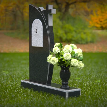 1265 - Unique Granite Headstone with Cross and Black Plaque Design – Elegant Memorial Tribute - 8