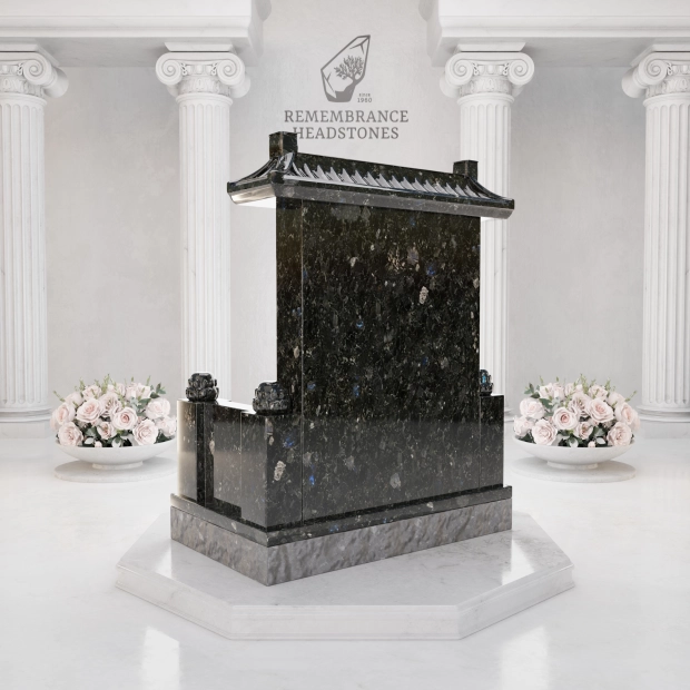 Luxury Asian Temple Roof Granite Memorial with Lotus Vase