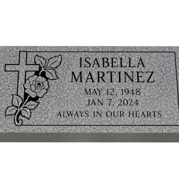 1105080 - Flache Granitmarkierung mit Kreuz und Blumen-Gravur