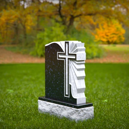 1477 - Black Granite Headstone with Engraved Cross & Radiant Design - 6