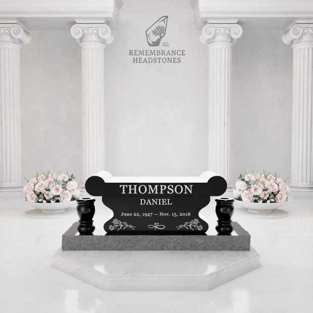  Luxury Jewish Granite Memorial Bench with Rolled Seat & Twin Vases