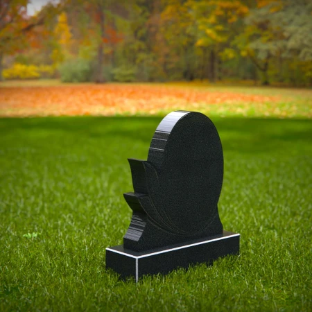 1487 - Black Granite Oval Memorial Headstone with Artistic Leaf Design - 4