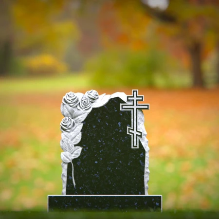 1549 - Black Granite Headstone with Roses and Cross Engraving