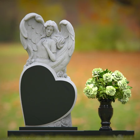 Black granite heart-shaped angel headstone for memorials