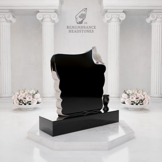 Luxury Upright Granite Monument — Sculpted Scroll with Dove, Cross & Lilies