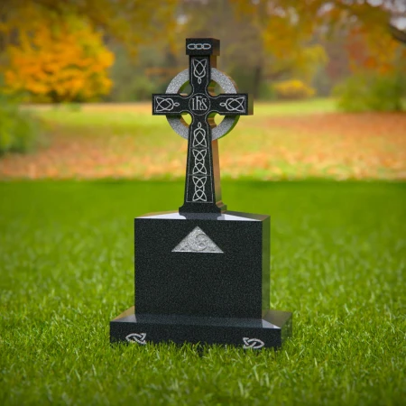 1573 - Celtic Cross Black Granite Headstone with Intricate Engravings