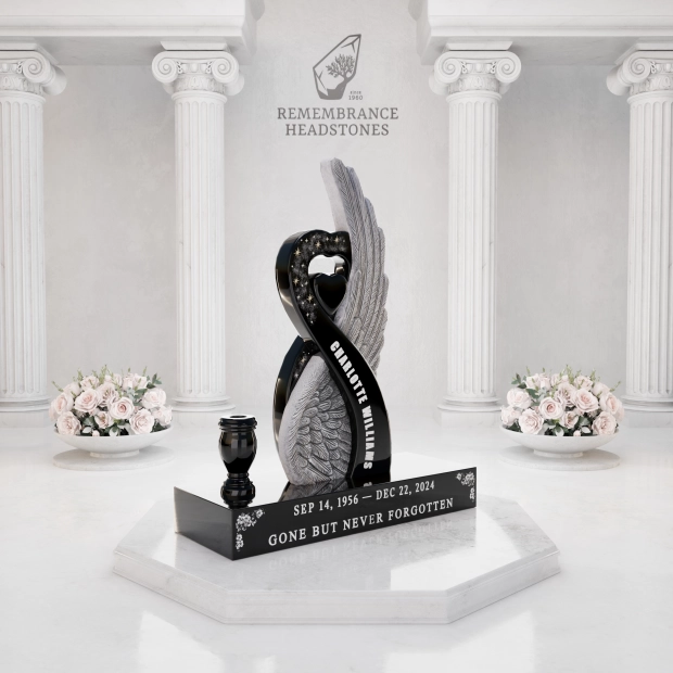 Luxury Special-Shape Granite Headstone — Angel Wing & Heart with Crystal Accents