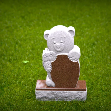 1449 - Adorable Teddy Bear Memorial Headstone Holding Flowers - 7